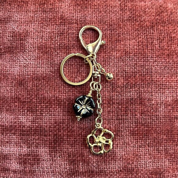 ABSTRACT FLOWER Bag Charm Black and Gold Tone 🌺 - Picture 1 of 10